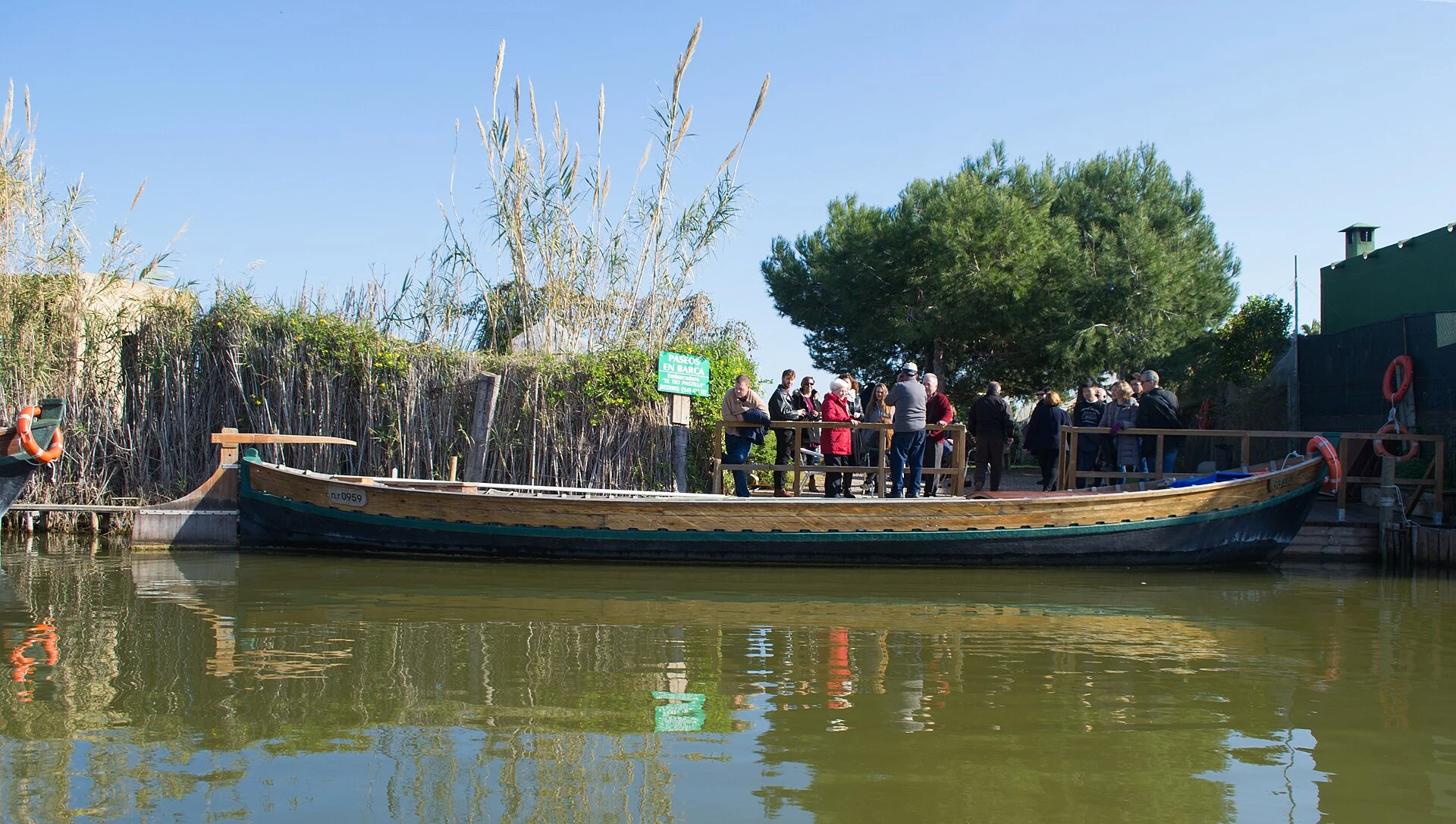 Ein flaches Holzboot auf der Lagune Albufera bei Valencia