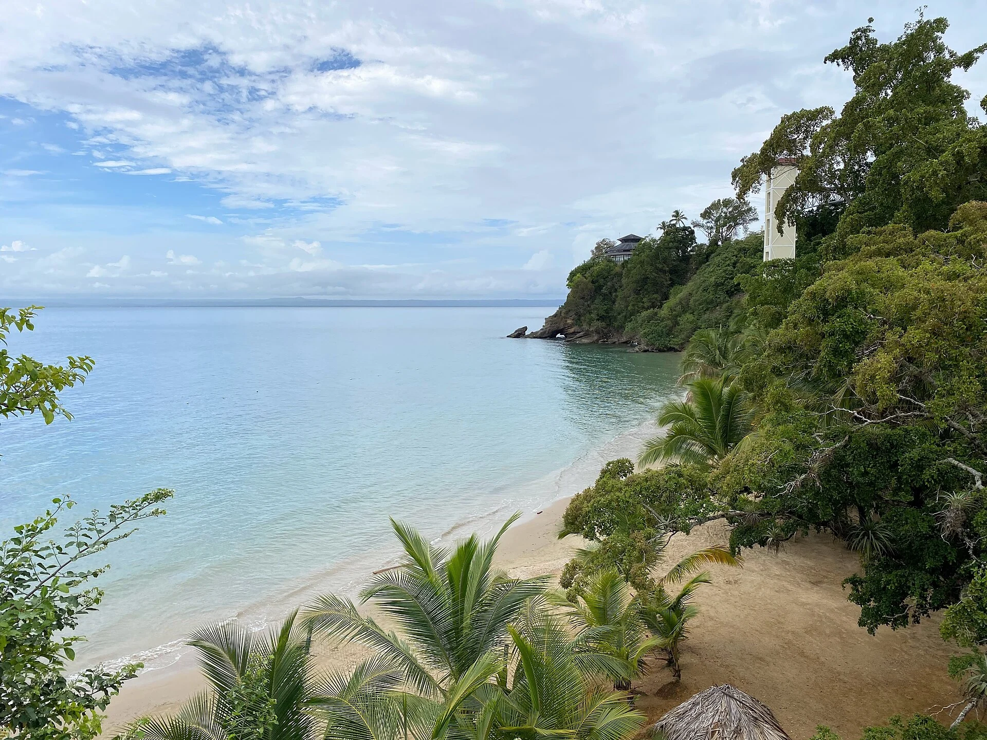 Ein Strand an der Bahía de Samaná mit Palmen und bewaldeten Hängen