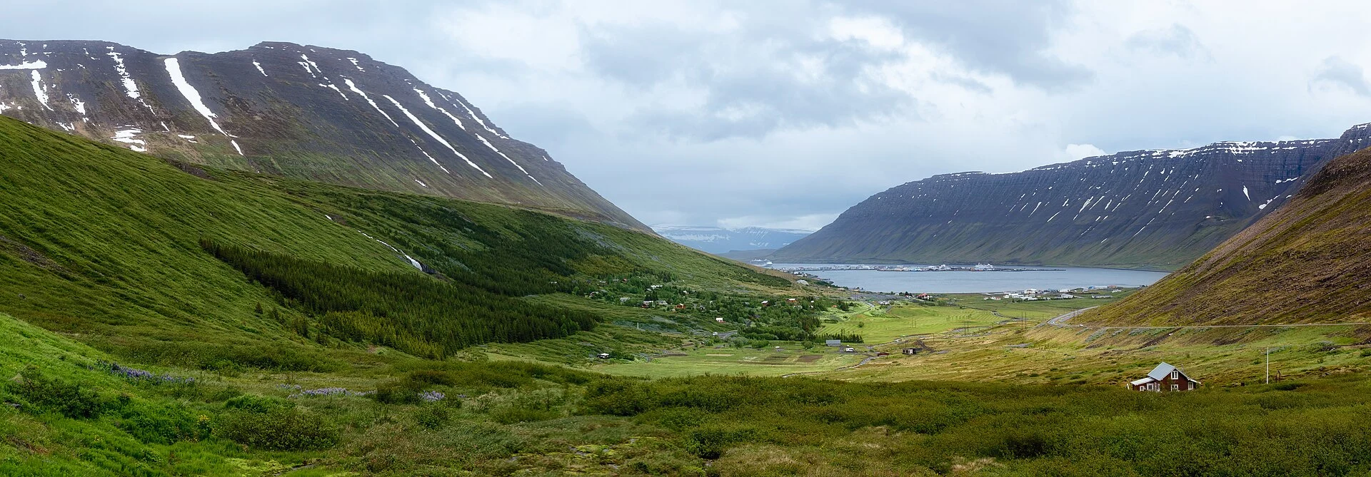 Das grüne Seitental Tungudalur mit Blick auf den Fjord