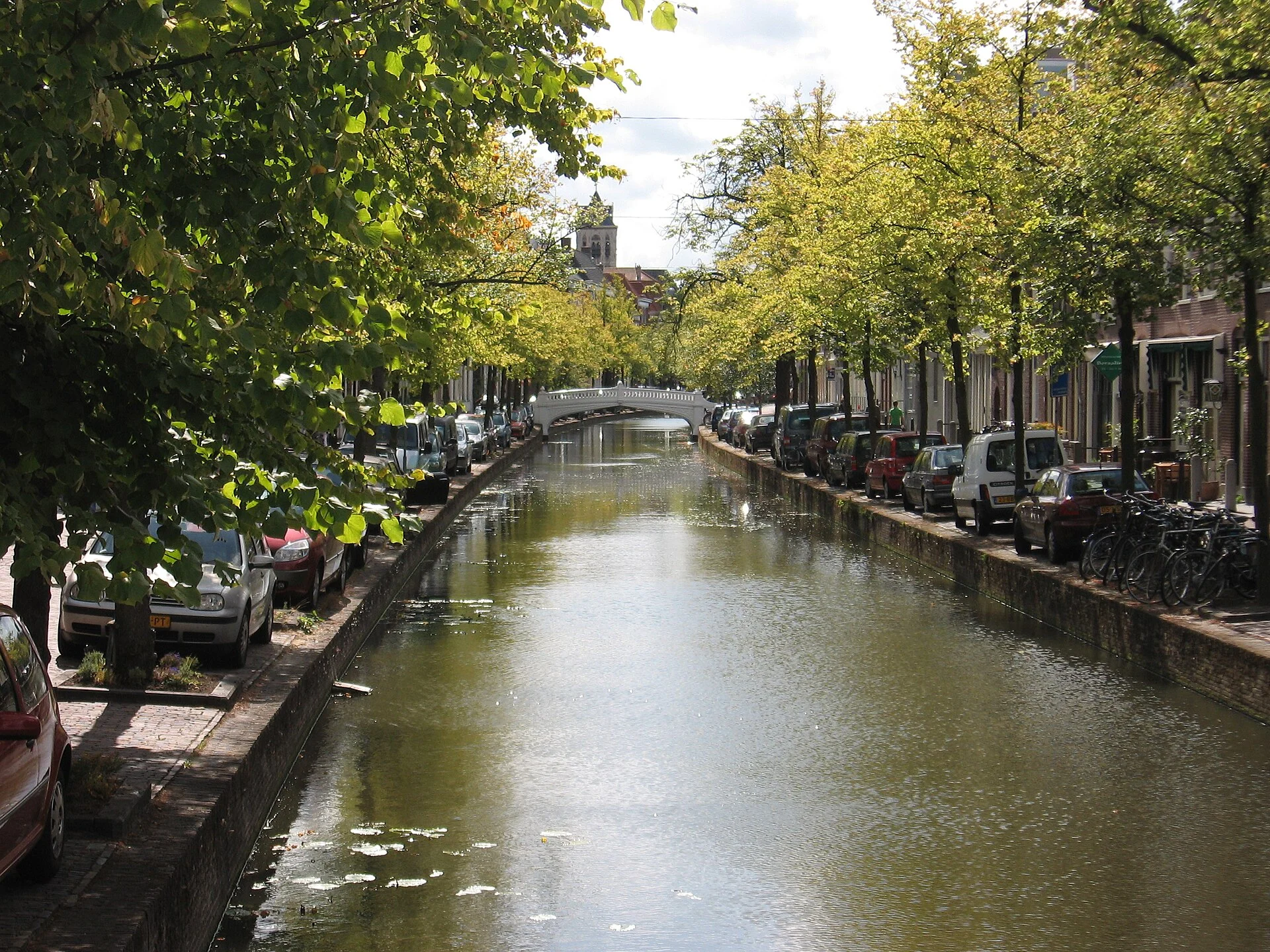 Eine Gracht mit Linden in der Altstadt von Delft