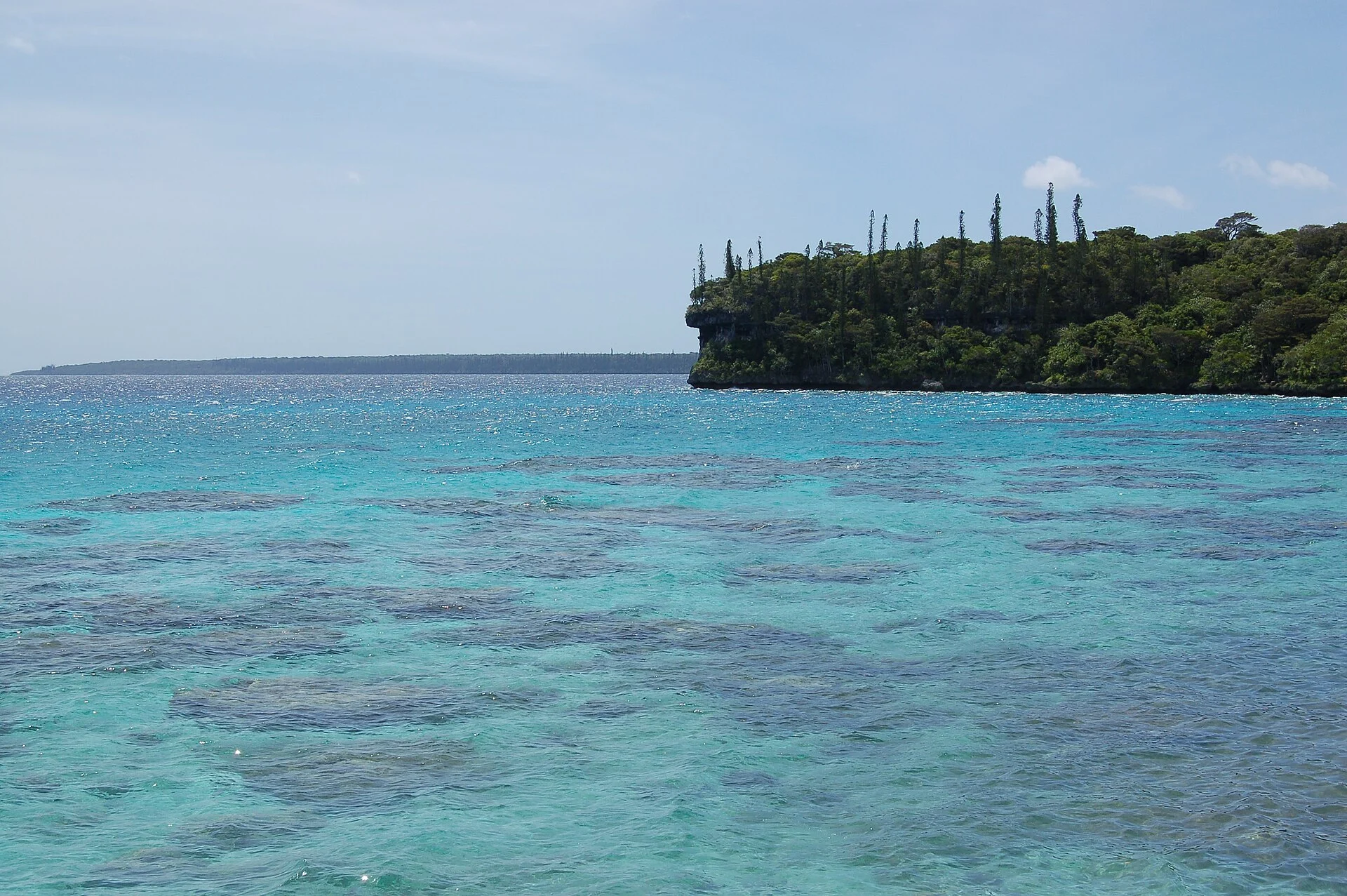Die Kalkklippe und das klare Flachwasser der Baie de Jinek auf Lifou