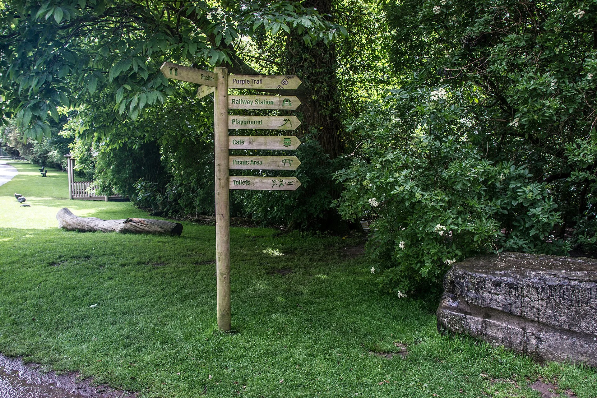 Hölzerner Wegweiser im Fota Wildlife Park bei Cobh mit Richtungspfeilen zu Purple Trail, Bahnhof, Spielplatz, Café, Picknickplatz und Toiletten.