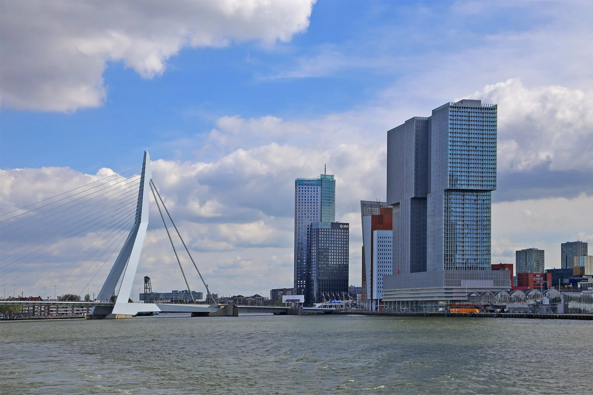 Die Erasmusbrücke mit ihrem asymmetrischen weißen Pylon über der Nieuwe Maas, rechts das Hochhaus De Rotterdam.
