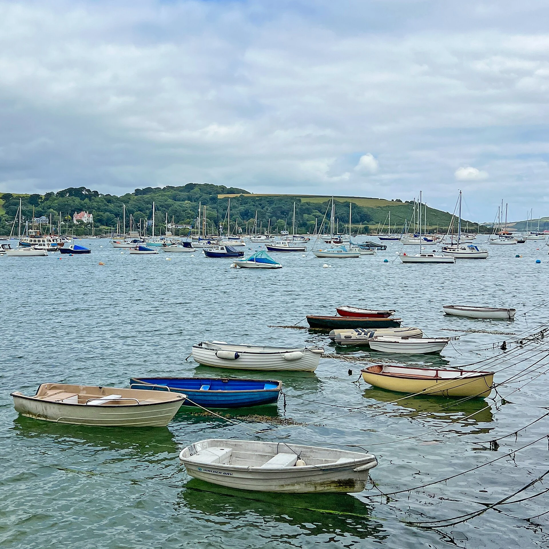 Beiboote und Segelyachten auf dem Wasser vor der bewaldeten Küste bei Falmouth, Cornwall.
