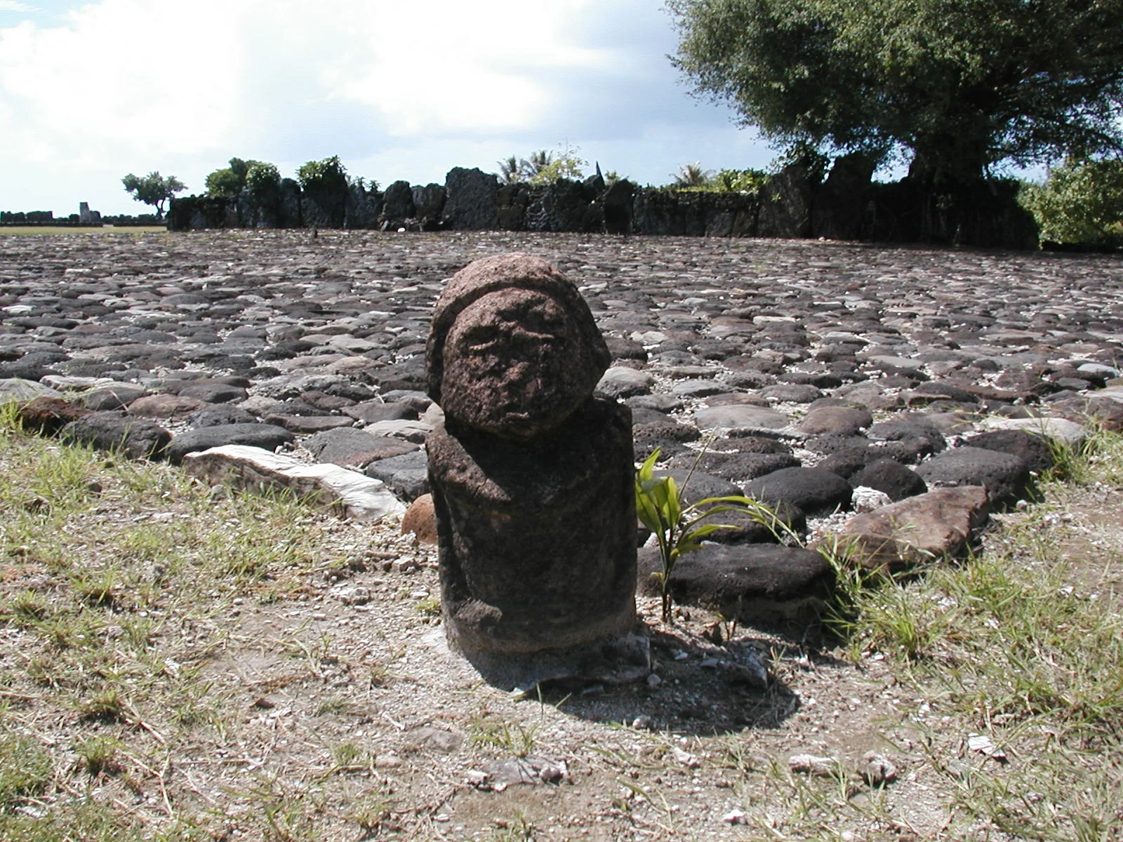 Eine Steinfigur auf dem Marae Taputapuātea auf Raiatea