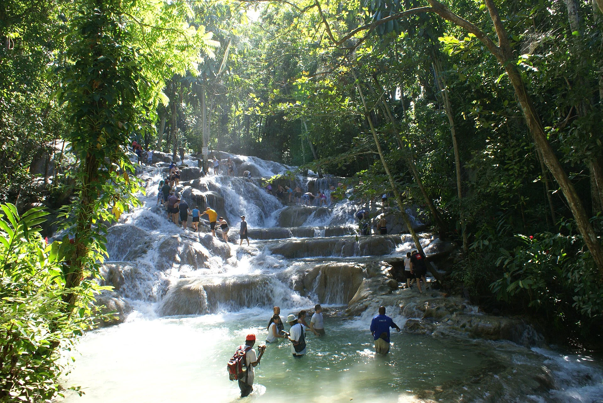 Besucher klettern die Kalkstufen der Dunn’s River Falls bei Ocho Rios hinauf