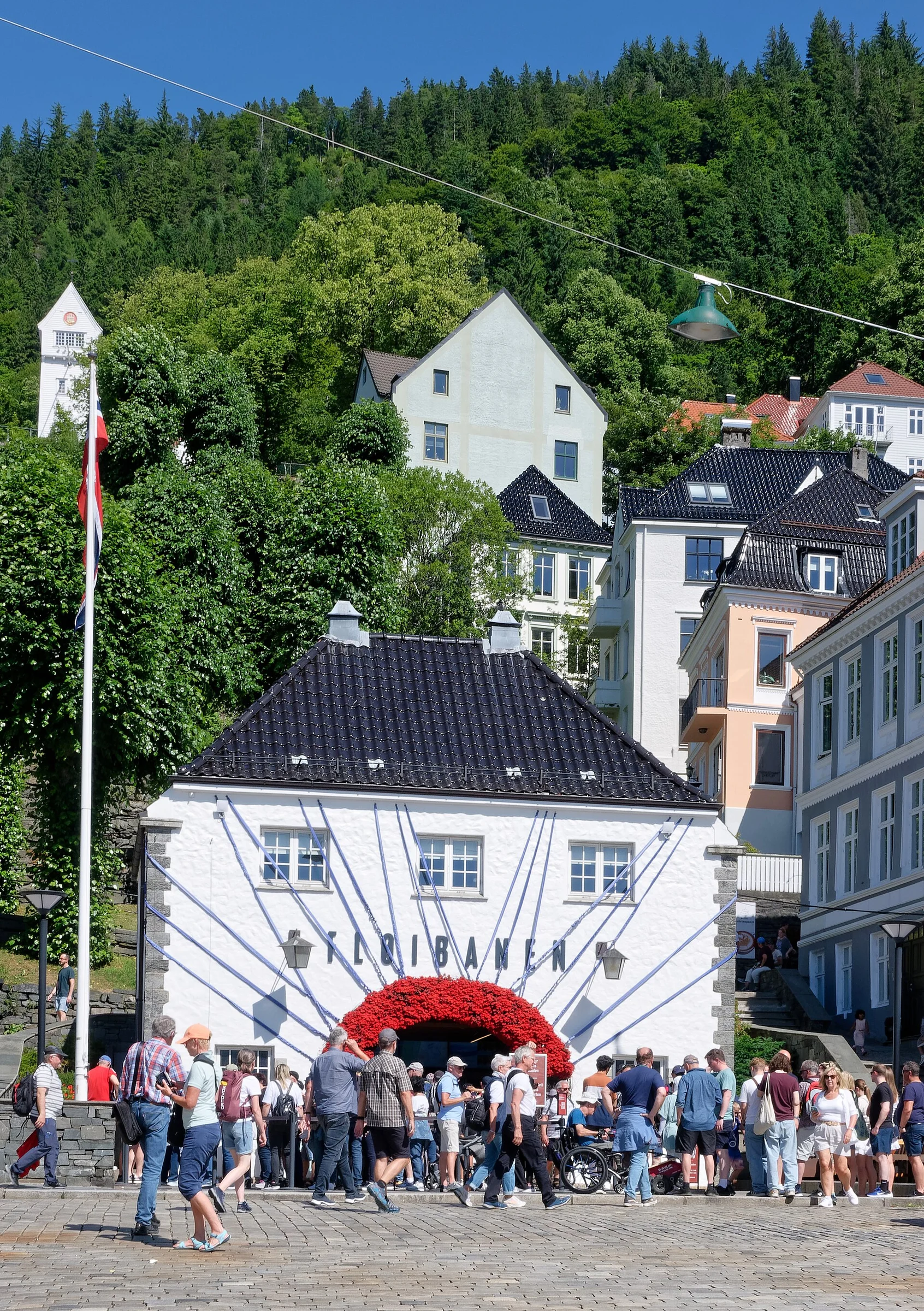 Talstation der Fløibanen mit Schriftzug „Fløibanen" im Zentrum von Bergen.