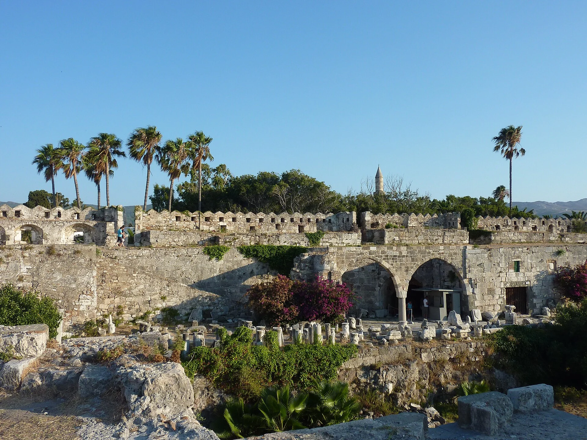 Die Mauern der Johanniterfestung Neratzia auf Kos mit Palmen