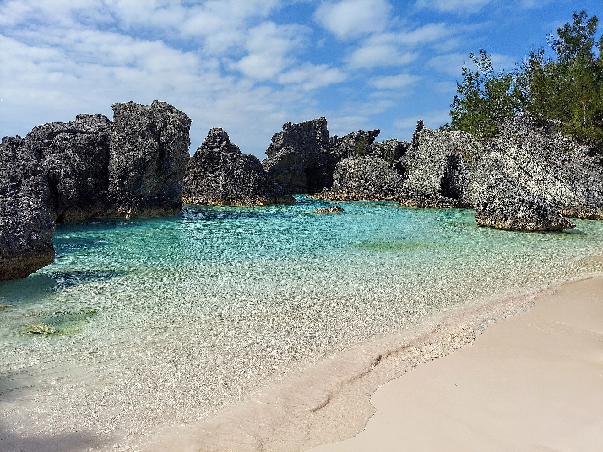 Die Bucht von Horseshoe Bay auf Bermuda mit Kalkfelsen und hellem Sand