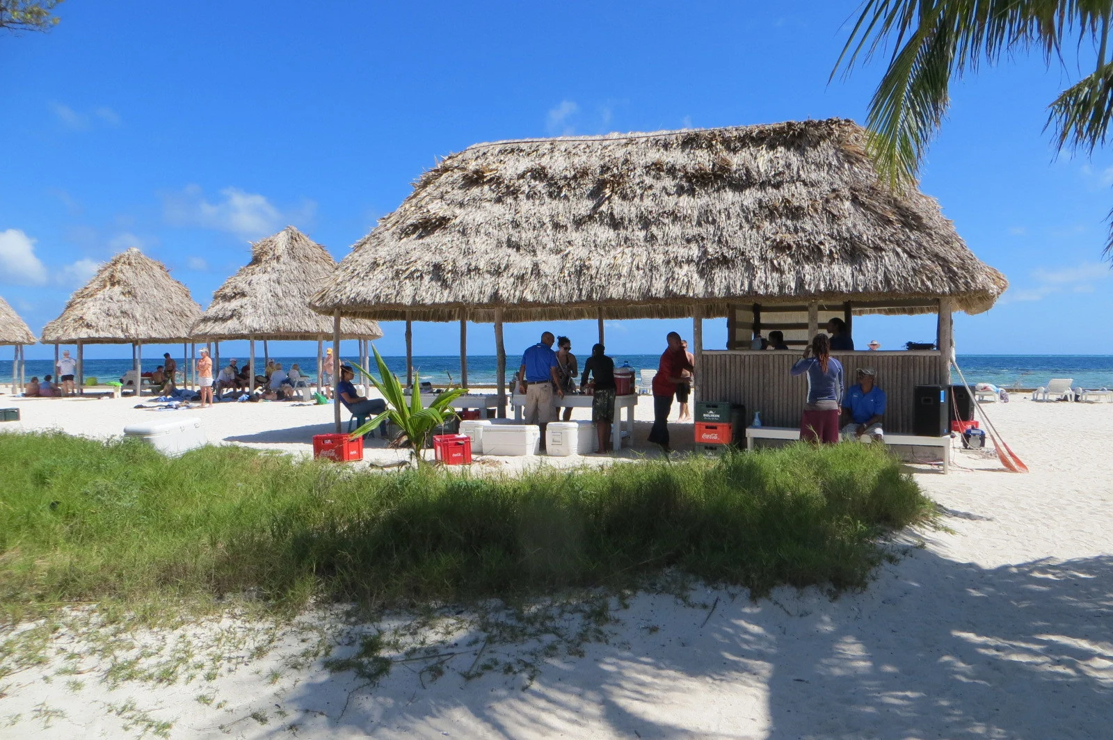 Eine Palapa am Strand von Goff’s Caye vor Belize City