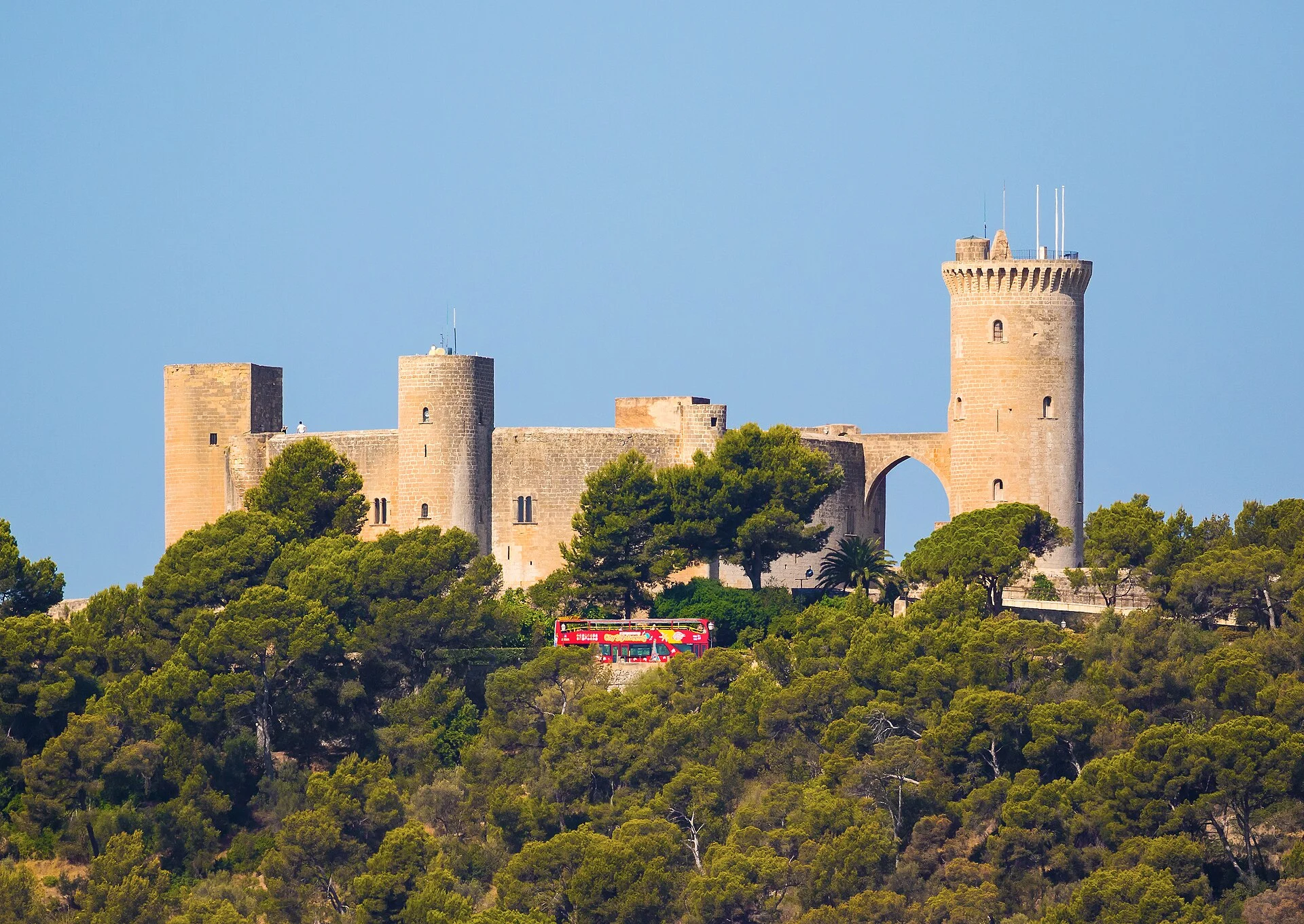 Das Castell de Bellver mit freistehendem Bergfried über dem Pinienwald oberhalb von Palma de Mallorca.