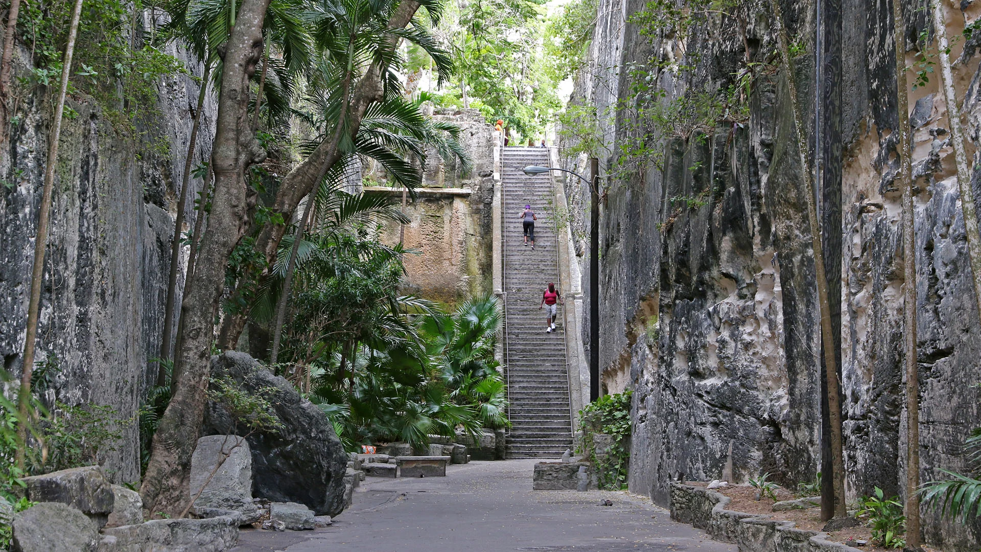 Die Queen’s Staircase in Nassau, ein von Hand geschlagener Treppeneinschnitt im Kalkstein
