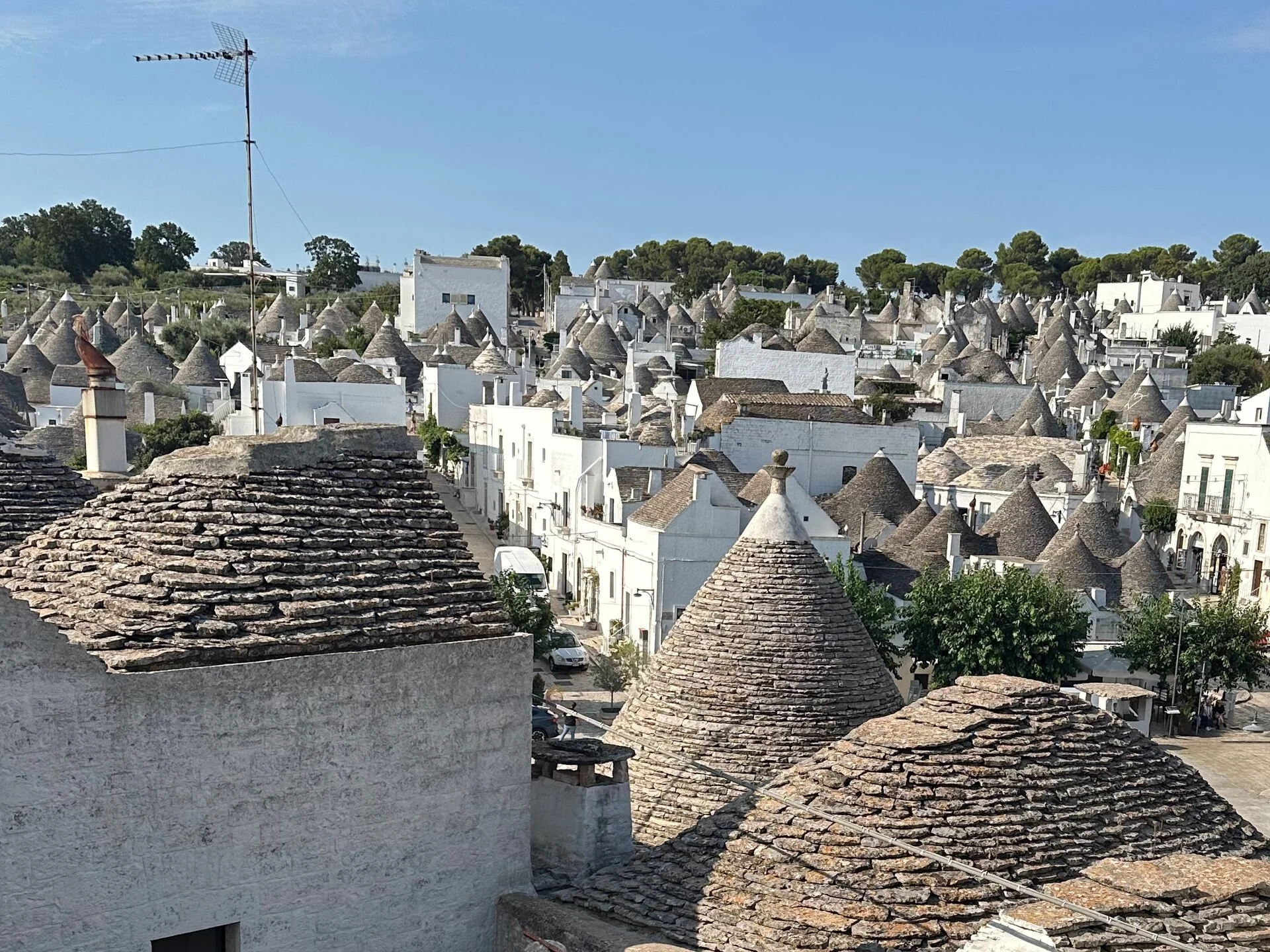 Blick über die Kegeldächer der Trulli in Alberobello in Apulien.