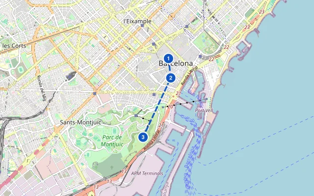 Karte der Route: Barcelona Tag 2: Gotisches Viertel, Rambla und Montjuïc