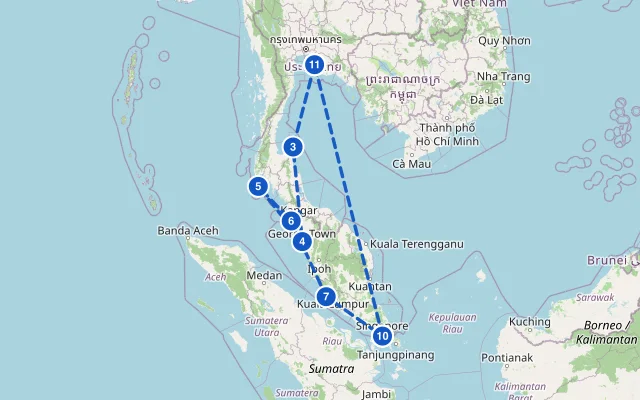 Karte der Route: Malakkastraße ab Bangkok