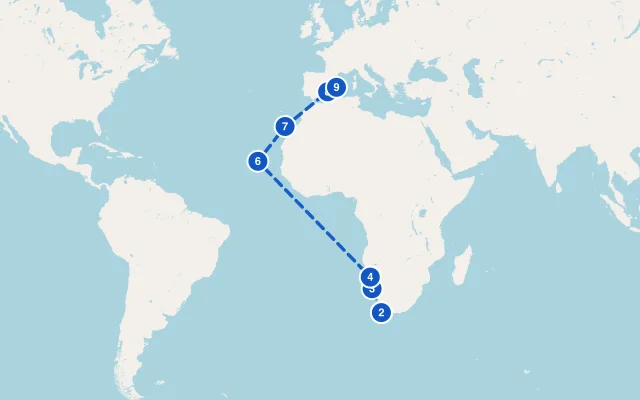 Karte der Route: Von Kapstadt nach Mallorca mit Lüderitz