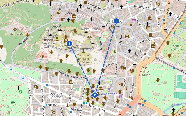 Karte der Route: Athen: Akropolis, Akropolismuseum und Plaka