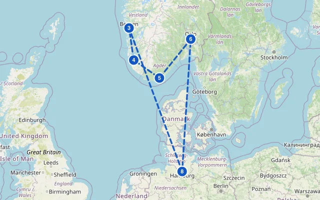 Karte der Route: Südnorwegen ab Hamburg