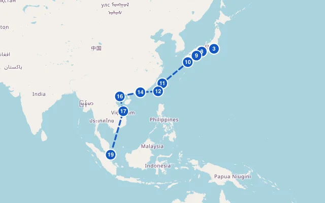Karte der Route: Von Japan nach Singapur