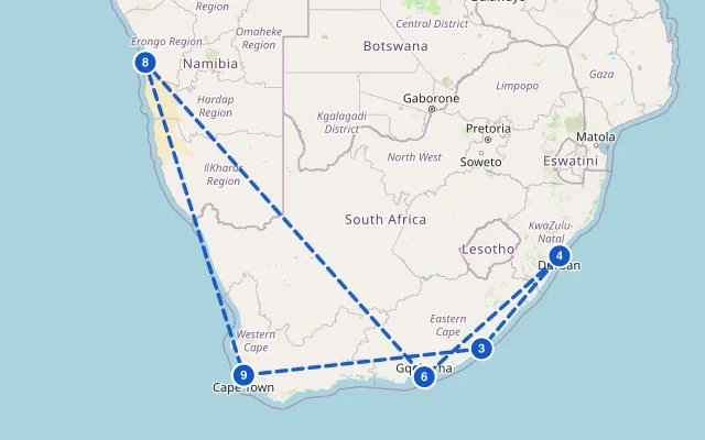 Karte der Route: Südafrika ab Kapstadt