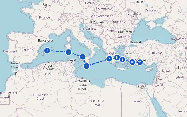 Karte der Route: Italien, Griechenland & Türkei ab Mallorca