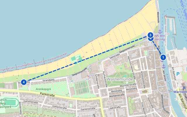 Karte der Route: Warnemünde zu Fuß: Alter Strom, Leuchtturm und Strand