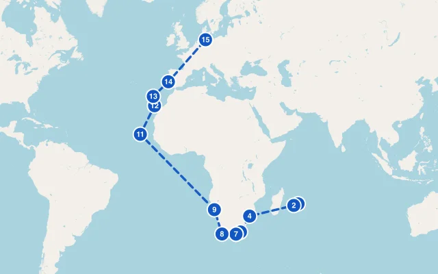 Karte der Route: Von Mauritius nach Hamburg