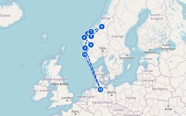 Karte der Route: Norwegens Fjord-Weltnaturerbe ab Hamburg – die lange Runde