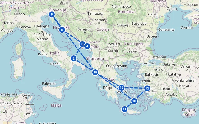 Karte der Route: Adria & Griechenland ab Korfu