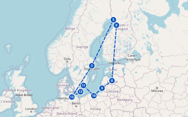 Karte der Route: Schärengärten der Ostsee ab Warnemünde