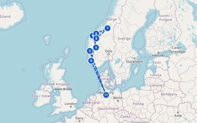 Karte der Route: Norwegens Fjord-Weltnaturerbe ab Hamburg