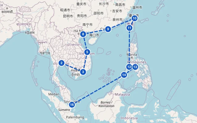 Karte der Route: Von Bangkok nach Singapur