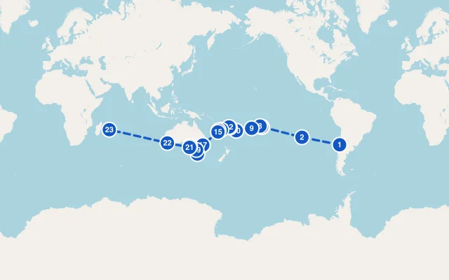 Karte der Route: Von Chile nach Mauritius