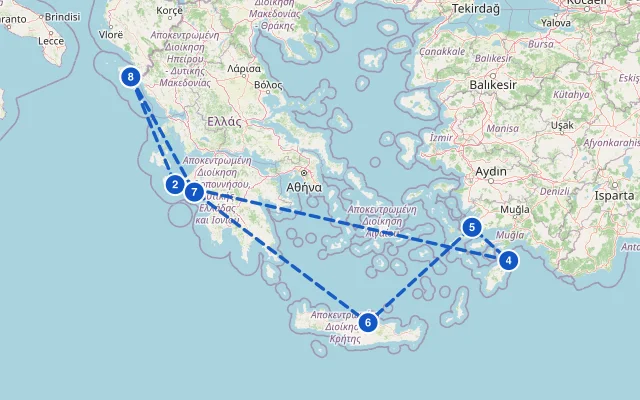 Karte der Route: Griechenland & Ägäis ab Korfu
