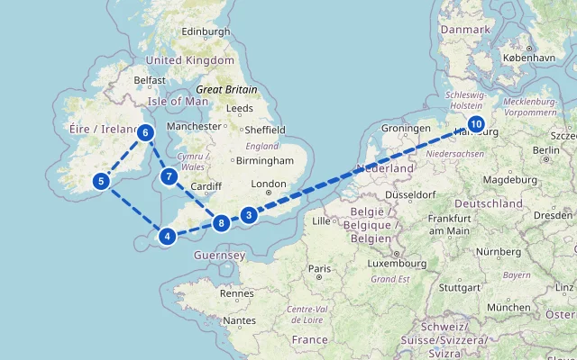Karte der Route: Großbritannien & Irland ab Hamburg