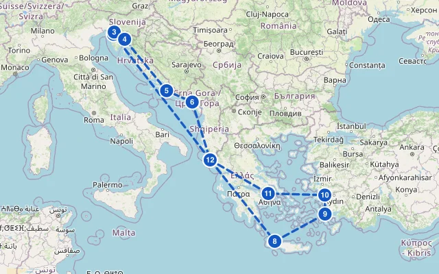 Karte der Route: Adria & Ägäis ab Korfu