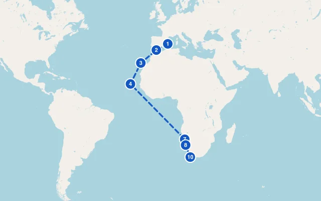Karte der Route: Von Mallorca nach Kapstadt