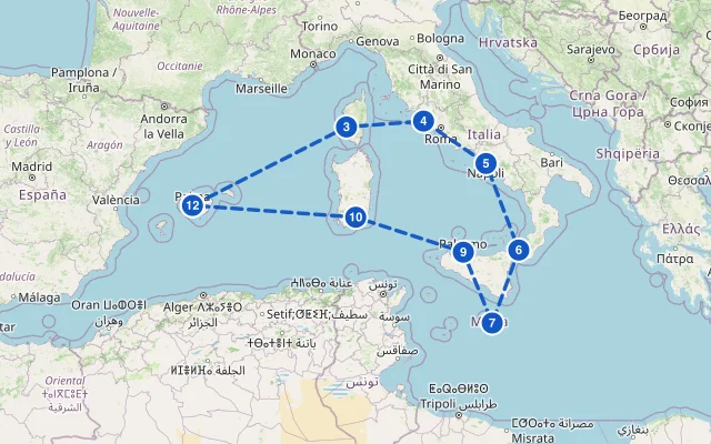 Karte der Route: Italien & Mittelmeerinseln ab Mallorca