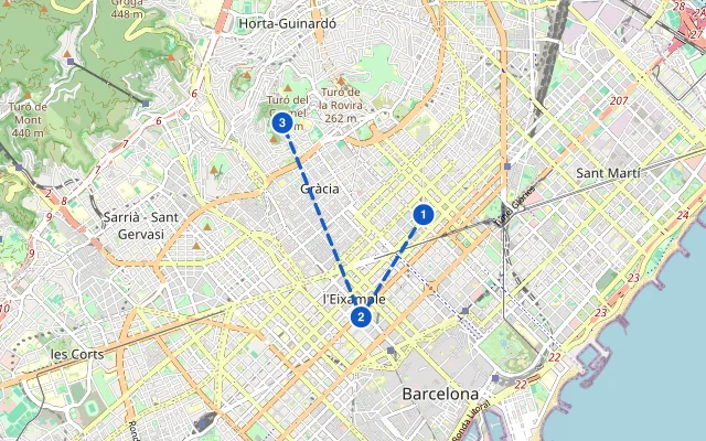 Karte der Route: Barcelona Tag 1: Sagrada Família, Casa Batlló und Park Güell