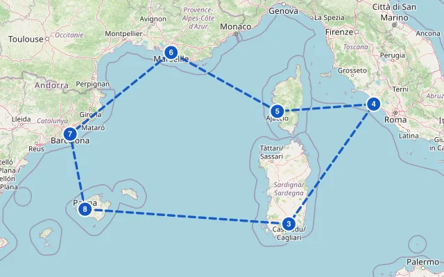 Karte der Route: Mediterrane Schätze mit Sardinien ab Mallorca