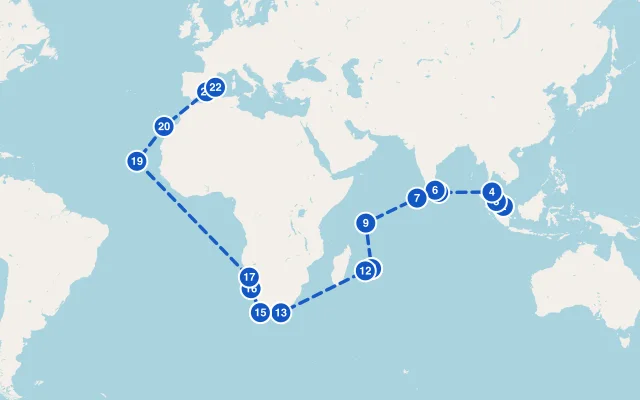 Karte der Route: Von Singapur nach Mallorca