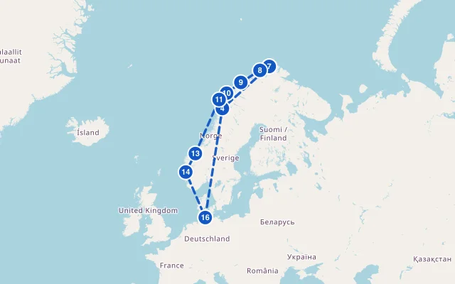 Karte der Route: Norwegen mit Lofoten & Nordkap ab Kiel