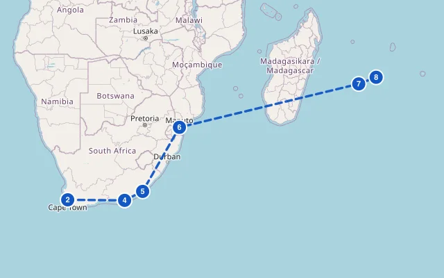 Karte der Route: Von Kapstadt nach Mauritius