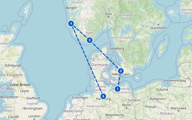 Karte der Route: Kurzreise nach Norwegen & Dänemark ab Warnemünde