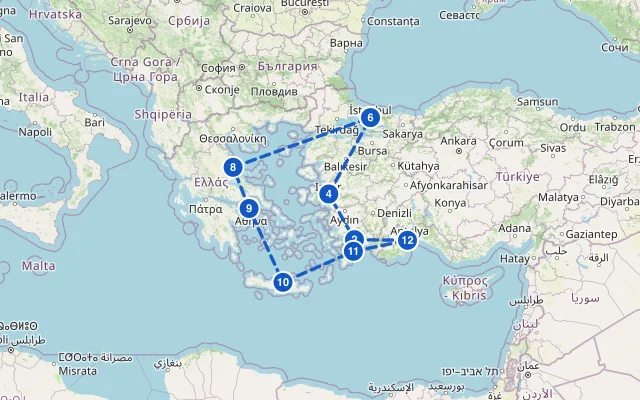 Karte der Route: Östliches Mittelmeer mit Istanbul ab Antalya