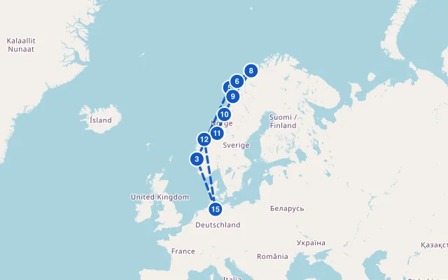 Karte der Route: Herbstliche Nordlichter ab Hamburg – bis Tromsø